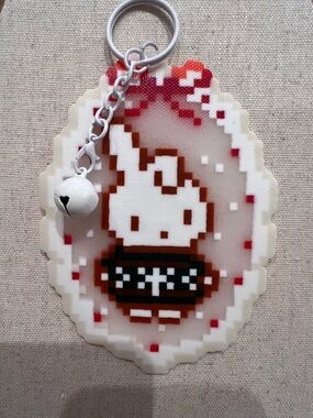 Handmade Perler Bead Miffy Keychain | Pink Plaid Dress with Heart NEW